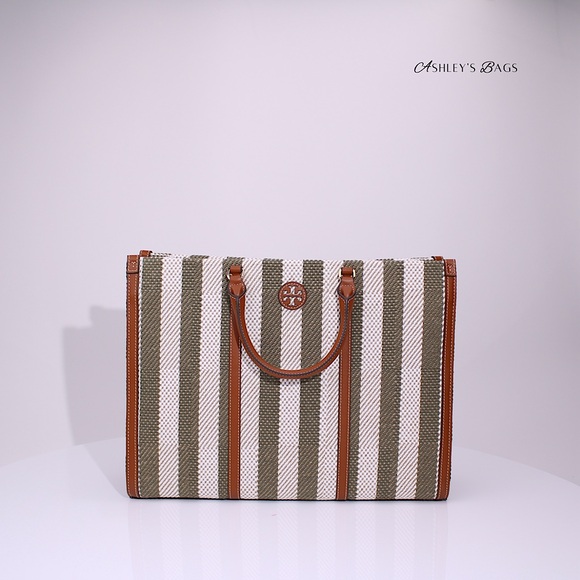 Tory Burch Blake Jumbo Striped Tote In Grove Green - Picture 5 of 8